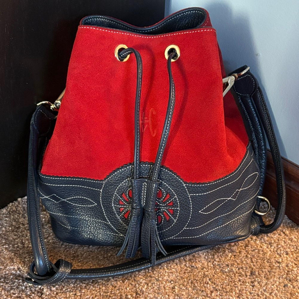 Red and Black Drawstring Bucket Bag